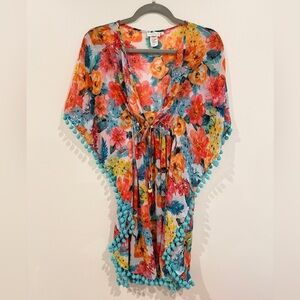Bleu Rod Beattie Floral Kimono Caftan Cover-Up in Bold Floral Beach Pom Pom